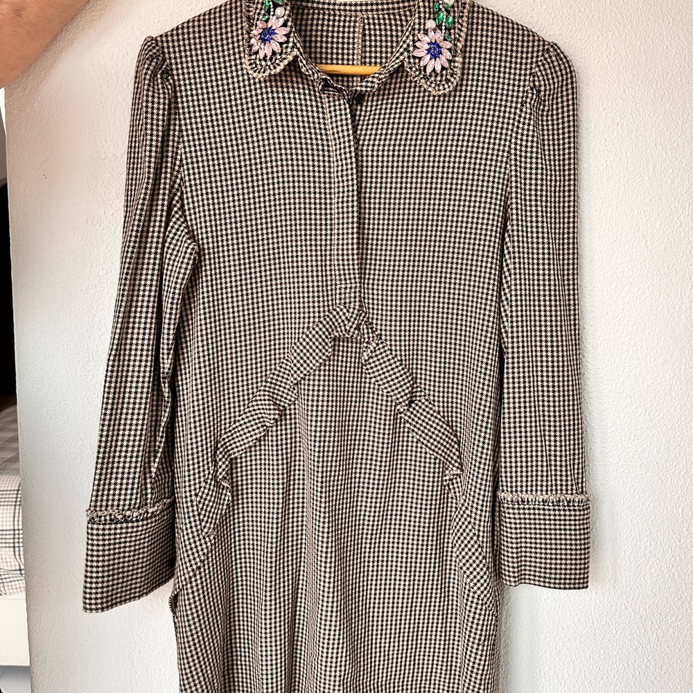 Mango Black and White Checkered Long Sleeve Dress